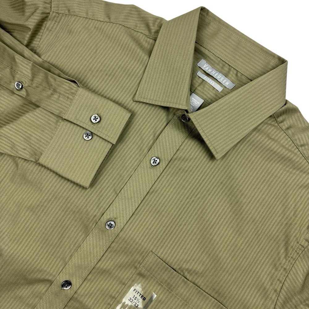 Van Heusen Dress Shirt 15 1/2 32/33 Fitted Wrinkle Free‎ Olive Green Stripe NWOT